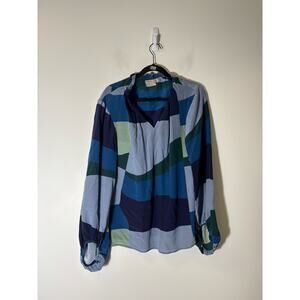 Rungolee Blue Long Puff Sleeve V-Neck Blouse Sz L